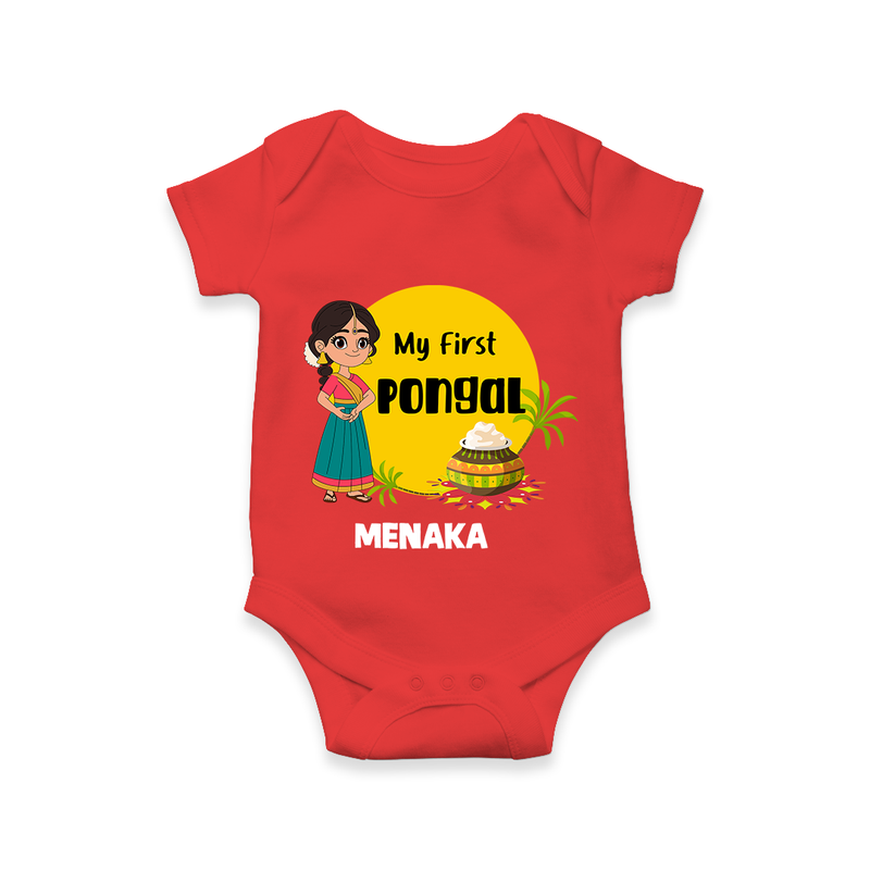 "Cultural Charm - My First Pongal Romper For Babies With Name" - RED - 0-3 Months Old (Chest 16")