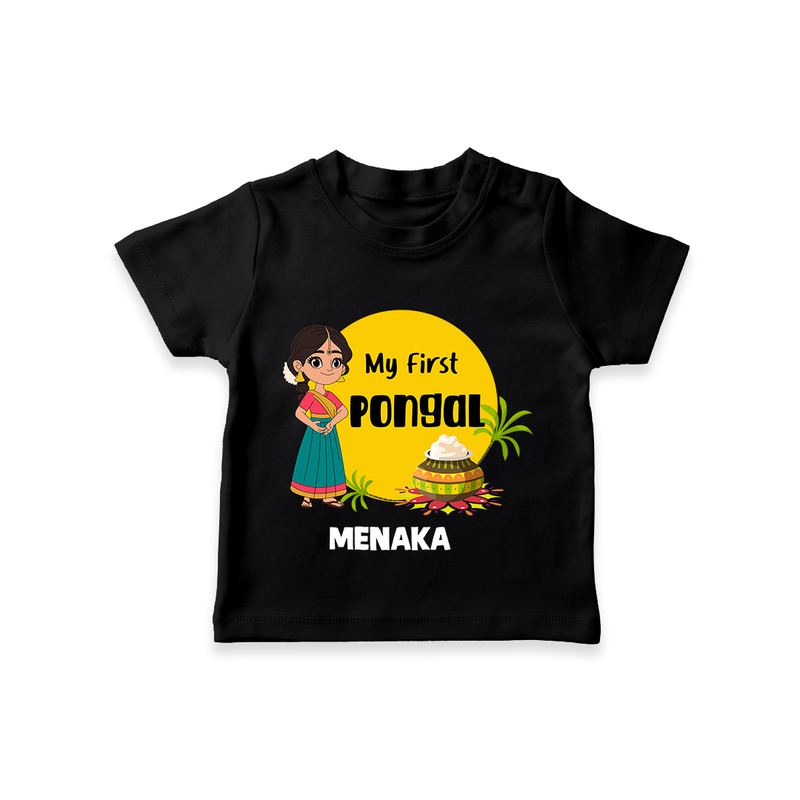 "Cultural Charm - My First Pongal T-Shirt For Kids With Name" - BLACK - 0-5 Months Old (Chest 17")