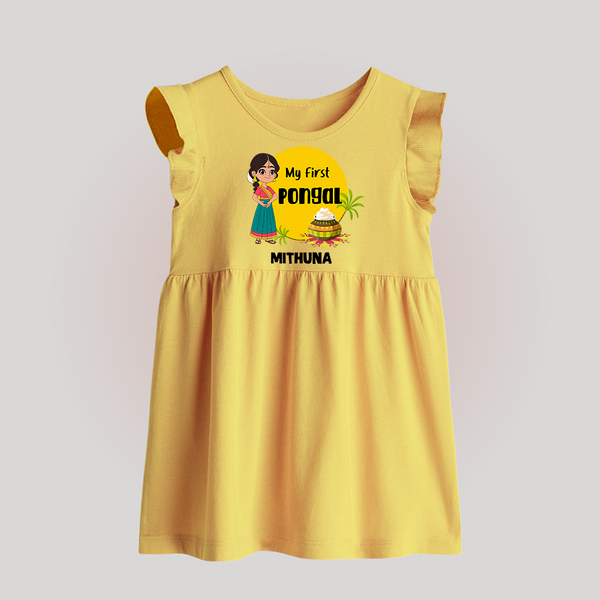 Cultural Charm - My First Pongal Baby Frock for Babies With Name - YELLOW - 0 - 3 Months Old (Chest 17")