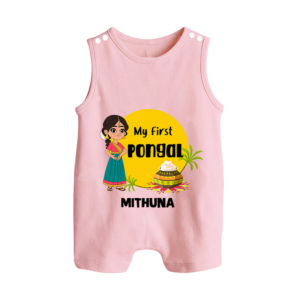 "Cultural Charm - My First Pongal Romper Suit For Babies With Name" - BABY PINK - 0 - 5 Months Old (Chest 18")