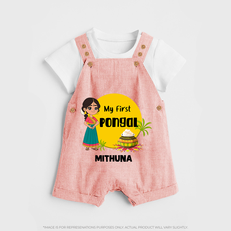 "Cultural Charm - My First Pongal Dungaree Set For Kids With Name" - PEACH - 0 - 5 Months Old (Chest 18")