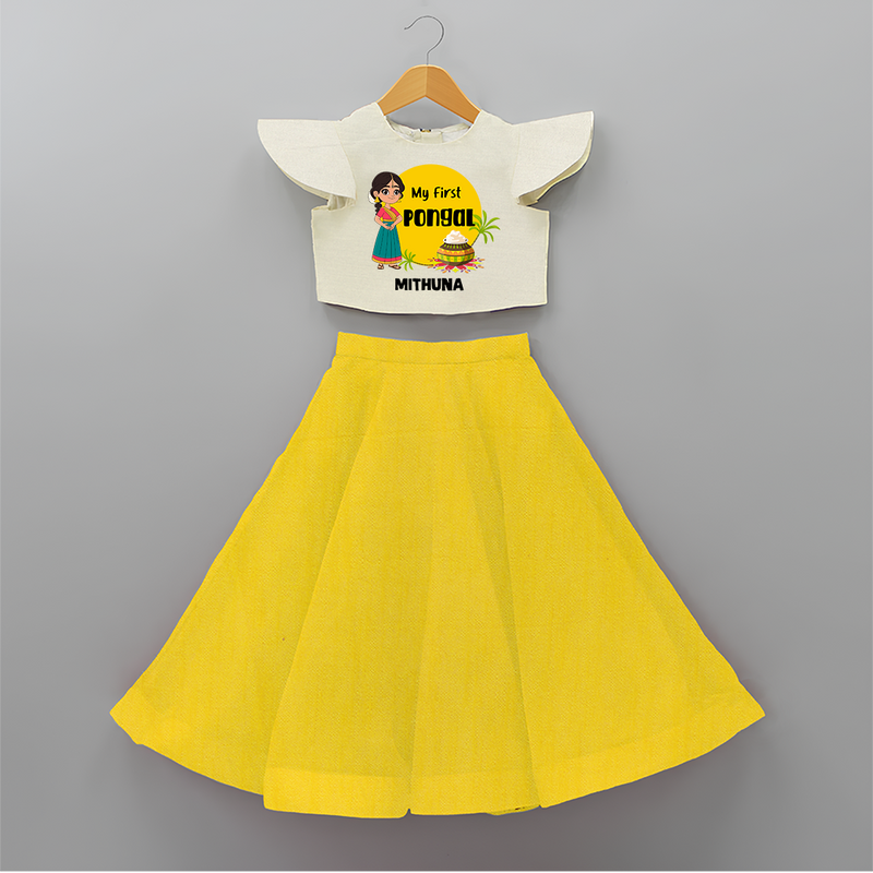 Cultural Charm - My First Pongal Crop Top and Skirt for Girls With Name - YELLOW - 6 - 9 Months Old (Chest 20" , Frock Waist 20")