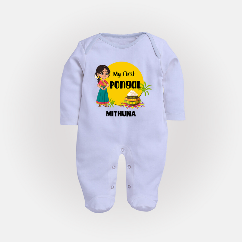 "Cultural Charm - My First Pongal Sleep Suit For Babies With Name" - BABY BLUE - New Born (Chest 7.5")