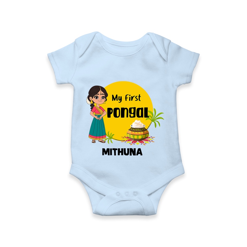 "Cultural Charm - My First Pongal Romper For Babies With Name" - BABY BLUE - 0-3 Months Old (Chest 16")