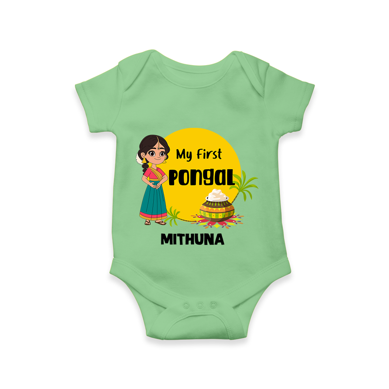 "Cultural Charm - My First Pongal Romper For Babies With Name" - GREEN - 0-3 Months Old (Chest 16")