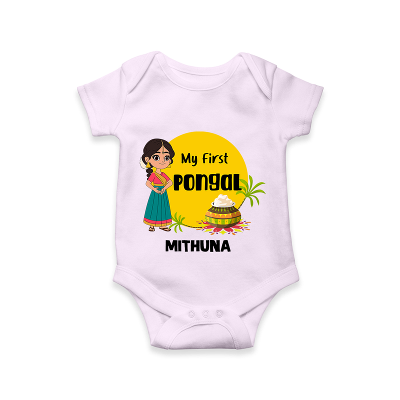 "Cultural Charm - My First Pongal Romper For Babies With Name" - LILAC - 0-3 Months Old (Chest 16")