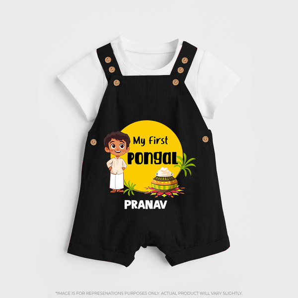 "Celebrate Tradition - My First Pongal Customized Dungaree Set For Kids With Name" - BLACK - 0 - 5 Months Old (Chest 18")