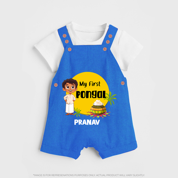 "Celebrate Tradition - My First Pongal Customized Dungaree Set For Kids With Name" - COBALT BLUE - 0 - 5 Months Old (Chest 18")