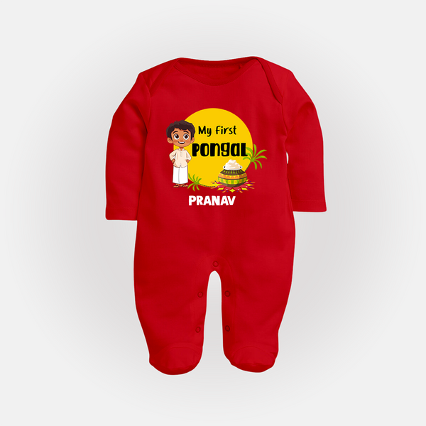 "Celebrate Tradition - My First Pongal Customized Sleep Suit For Babies With Name" - RED - New Born (Chest 7.5")