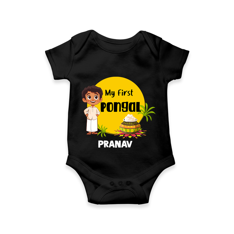 "Celebrate Tradition - My First Pongal Customized Romper For Babies With Name" - BLACK - 0-3 Months Old (Chest 16")