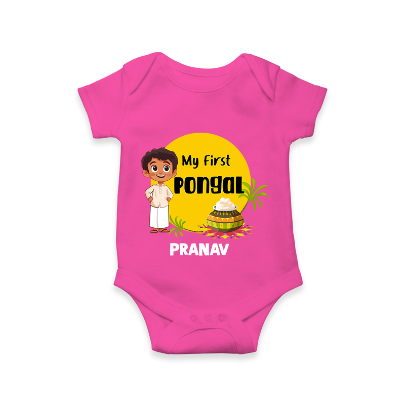 "Celebrate Tradition - My First Pongal Customized Romper For Babies With Name" - HOT PINK - 0-3 Months Old (Chest 16")