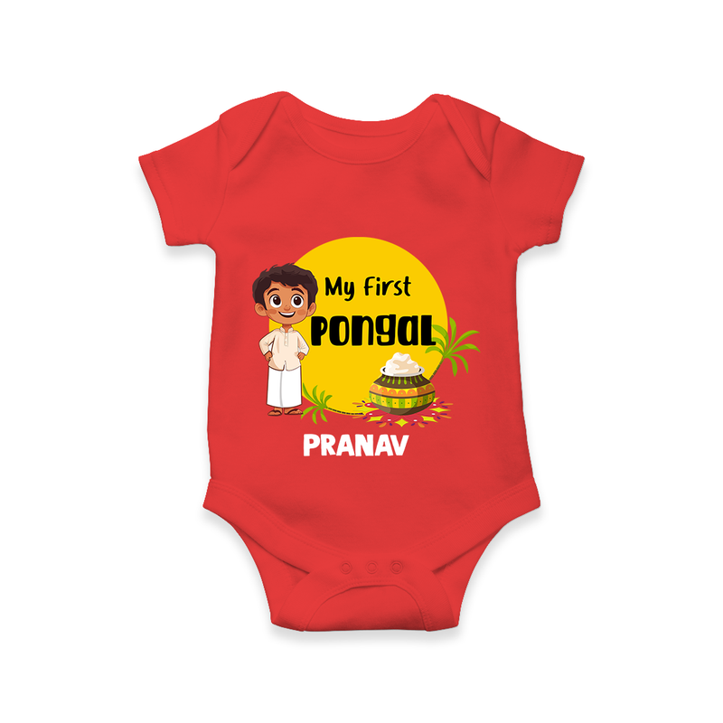 "Celebrate Tradition - My First Pongal Customized Romper For Babies With Name" - RED - 0-3 Months Old (Chest 16")