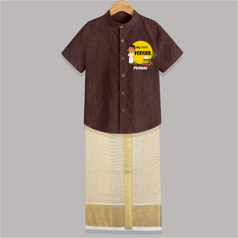 Celebrate Tradition - My First Pongal Customized Shirt and Dhoti for Boys With Name - COFFEE BROWN - 0 - 6 Months Old (Chest-23") (Dhoti length-14")