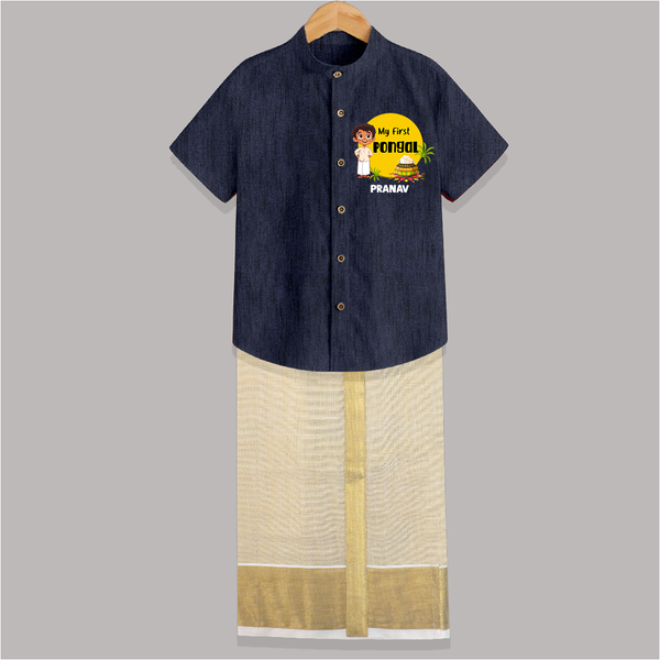 Celebrate Tradition - My First Pongal Customized Shirt and Dhoti for Boys With Name - DARK BLUE - 0 - 6 Months Old (Chest-23") (Dhoti length-14")