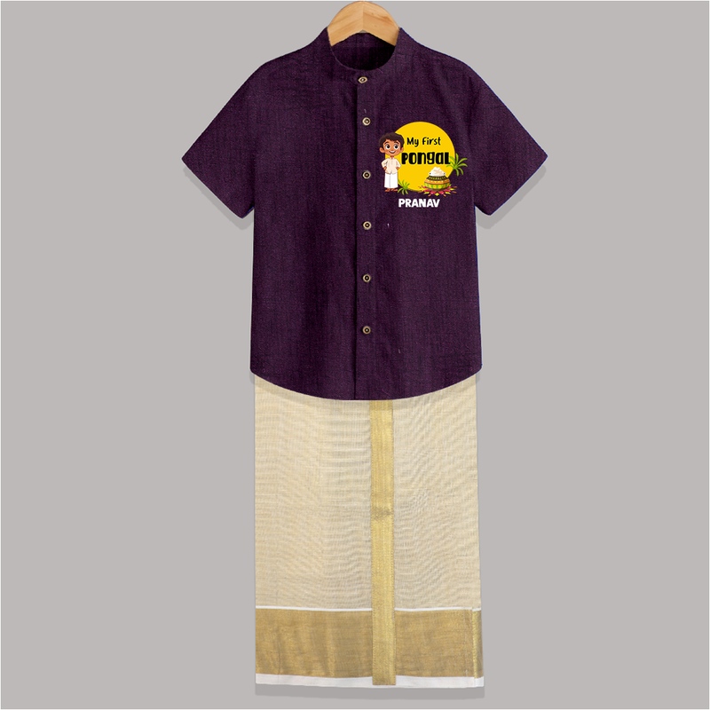 Celebrate Tradition - My First Pongal Customized Shirt and Dhoti for Boys With Name - GRAPE - 0 - 6 Months Old (Chest-23") (Dhoti length-14")