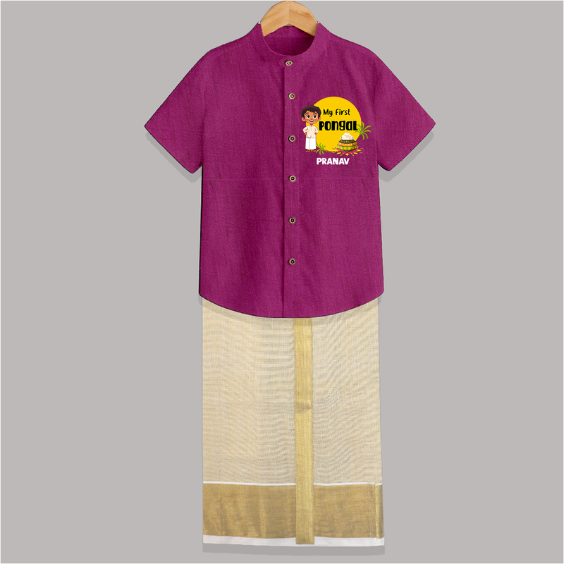 Celebrate Tradition - My First Pongal Customized Shirt and Dhoti for Boys With Name - MAGENTA - 0 - 6 Months Old (Chest-23") (Dhoti length-14")