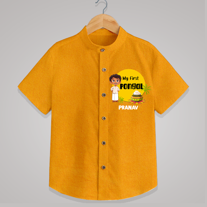 Celebrate Tradition - My First Pongal Customized Shirt for Boys With Name - CHROME YELLOW - 0 - 6 Months Old (Chest 23")