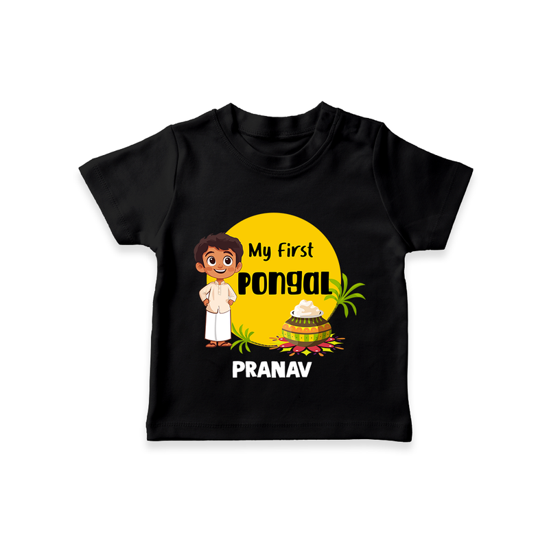 "Celebrate Tradition - My First Pongal Customized T-Shirt For Kids With Name" - BLACK - 0-5 Months Old (Chest 17")