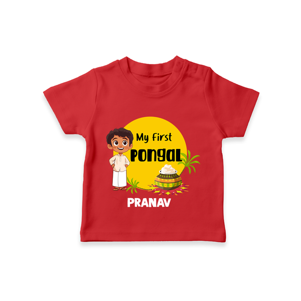 "Celebrate Tradition - My First Pongal Customized T-Shirt For Kids With Name" - RED - 0-5 Months Old (Chest 17")