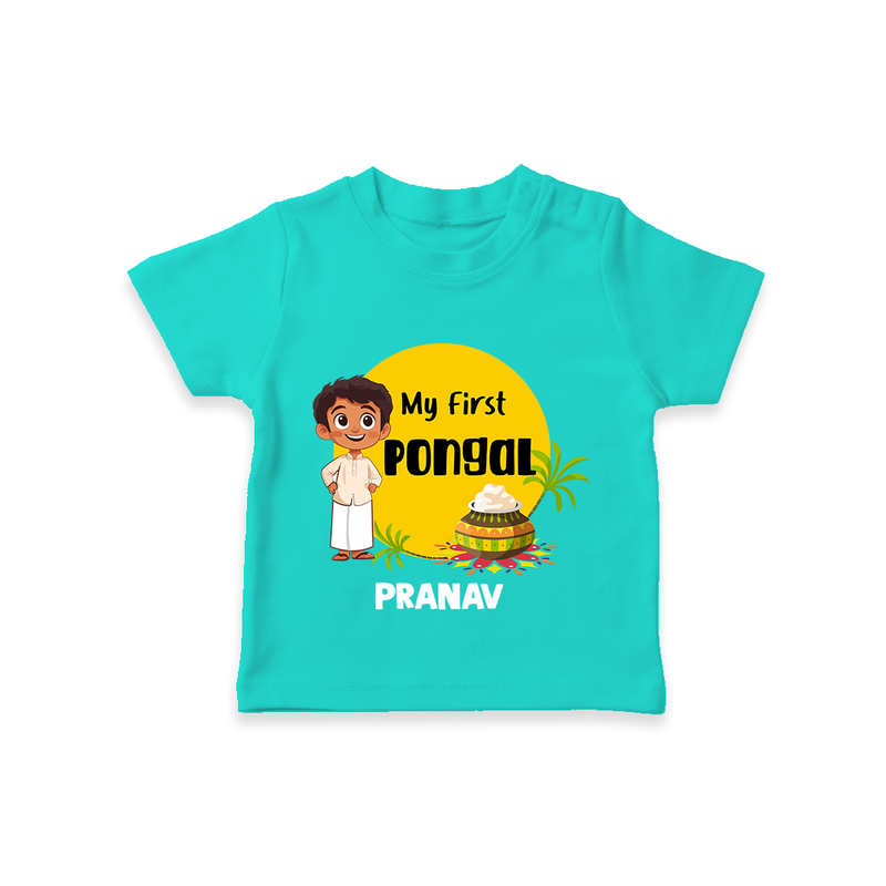 "Celebrate Tradition - My First Pongal Customized T-Shirt For Kids With Name" - TEAL - 0-5 Months Old (Chest 17")