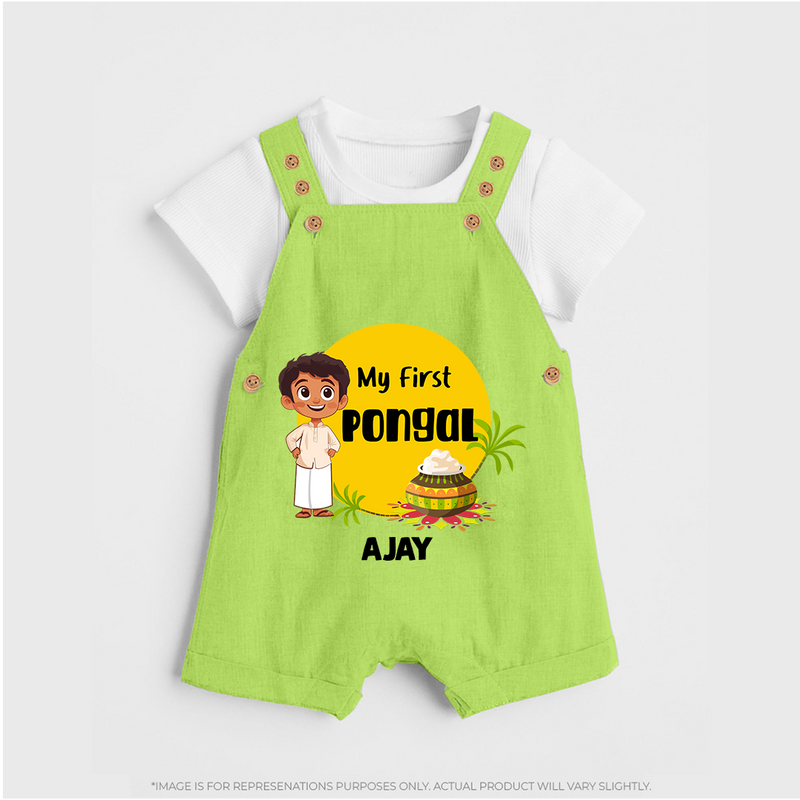 "Celebrate Tradition - My First Pongal Customized Dungaree Set For Kids With Name" - GREEN - 0 - 5 Months Old (Chest 18")