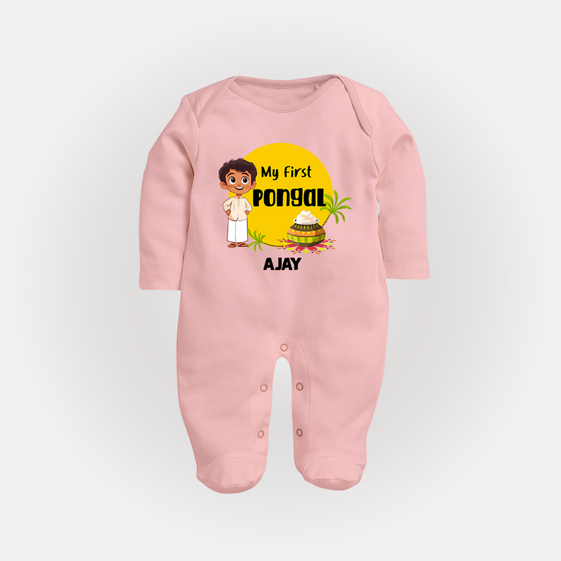 "Celebrate Tradition - My First Pongal Customized Sleep Suit For Babies With Name" - BABY PINK - New Born (Chest 7.5")