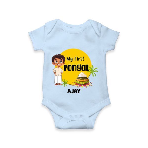 "Celebrate Tradition - My First Pongal Customized Romper For Babies With Name" - BABY BLUE - 0-3 Months Old (Chest 16")