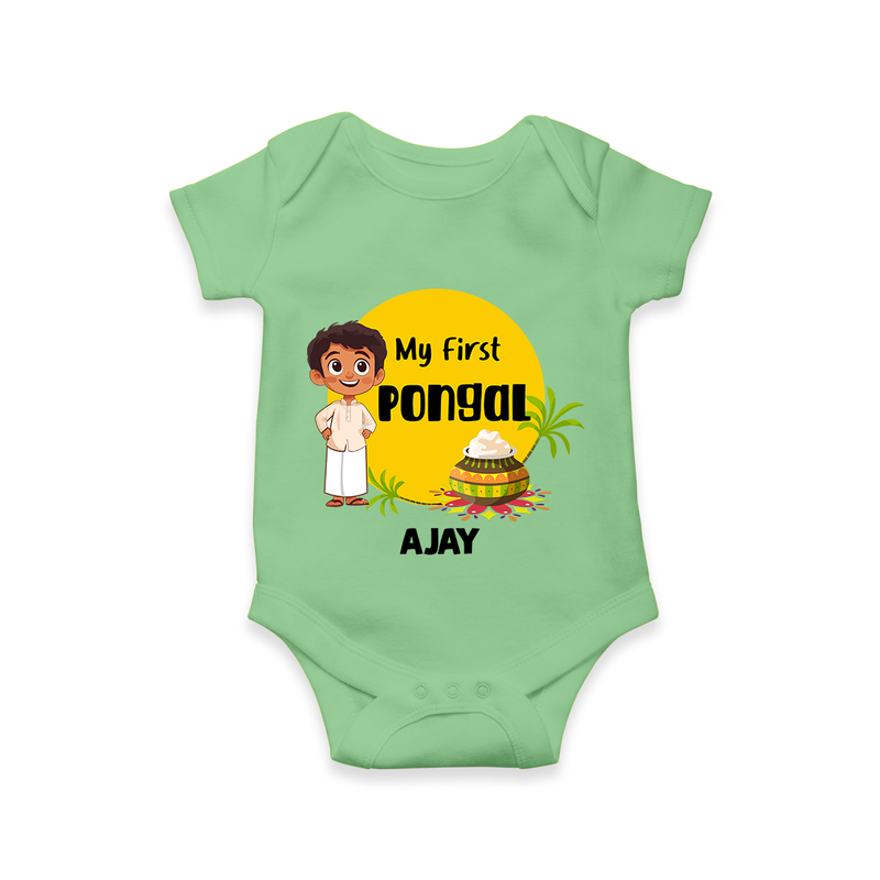 "Celebrate Tradition - My First Pongal Customized Romper For Babies With Name" - GREEN - 0-3 Months Old (Chest 16")