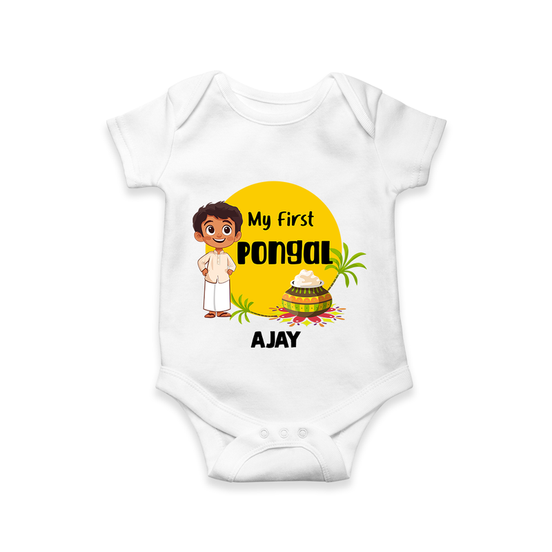 "Celebrate Tradition - My First Pongal Customized Romper For Babies With Name" - WHITE - 0-3 Months Old (Chest 16")