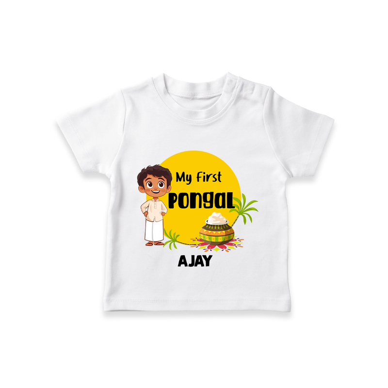 "Celebrate Tradition - My First Pongal Customized T-Shirt For Kids With Name" - WHITE - 0-5 Months Old (Chest 17")