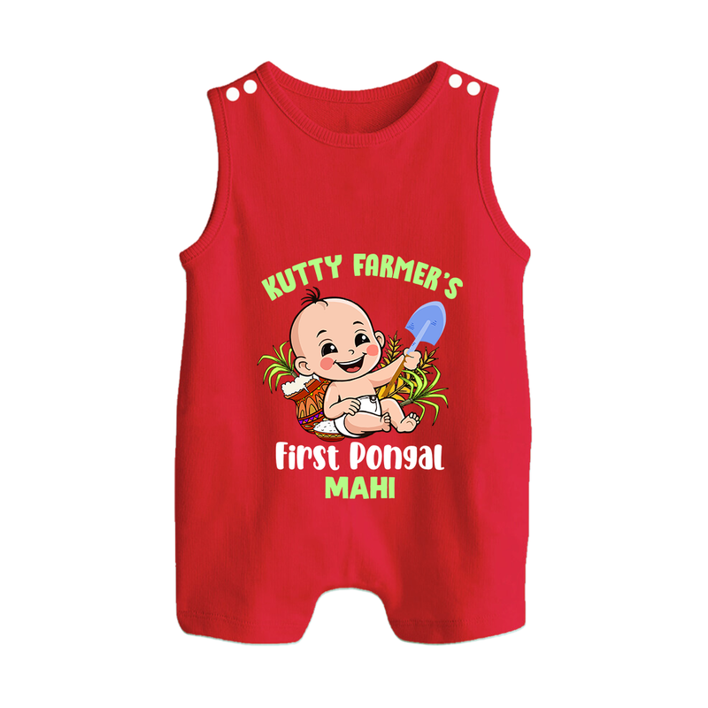 "Little Farmer's Delight - My First Pongal Romper Suit For Babies With Name" - RED - 0 - 5 Months Old (Chest 18")