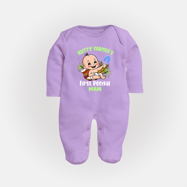 "Little Farmer's Delight - My First Pongal Sleep Suit For Babies With Name" - LILAC - New Born (Chest 7.5")