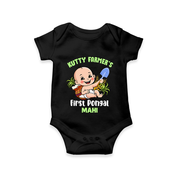 Kutty Farmer's First Pongal Personalized Kids Romper - BLACK - New Born (Chest 14")
