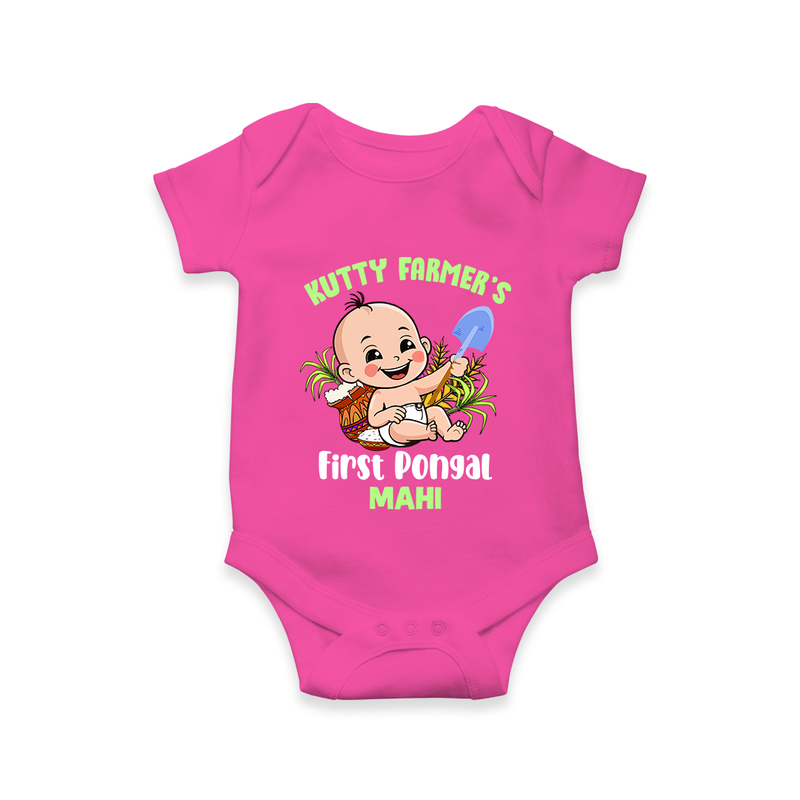 "Little Farmer's Delight - My First Pongal Romper For Babies With Name" - HOT PINK - 0-3 Months Old (Chest 16")