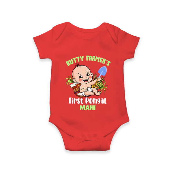 Kutty Farmer's First Pongal Personalized Kids Romper - RED - New Born (Chest 14")