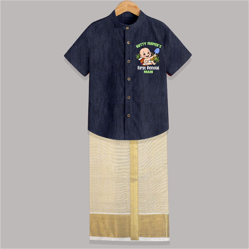 Little Farmer's Delight - My First Pongal Shirt and Dhoti for Boys With Name - DARK BLUE - 0 - 6 Months Old (Chest-23") (Dhoti length-14")