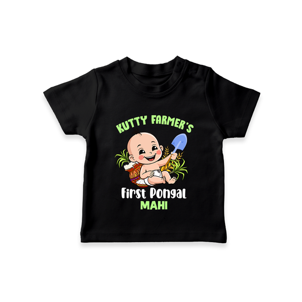 Kutty Farmer's First Pongal Personalized Kids T-Shirt - BLACK - 0-5 Months Old (Chest 17")