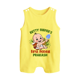 "Little Farmer's Delight - My First Pongal Romper Suit For Babies With Name" - PASTEL YELLOW - 0 - 5 Months Old (Chest 18")