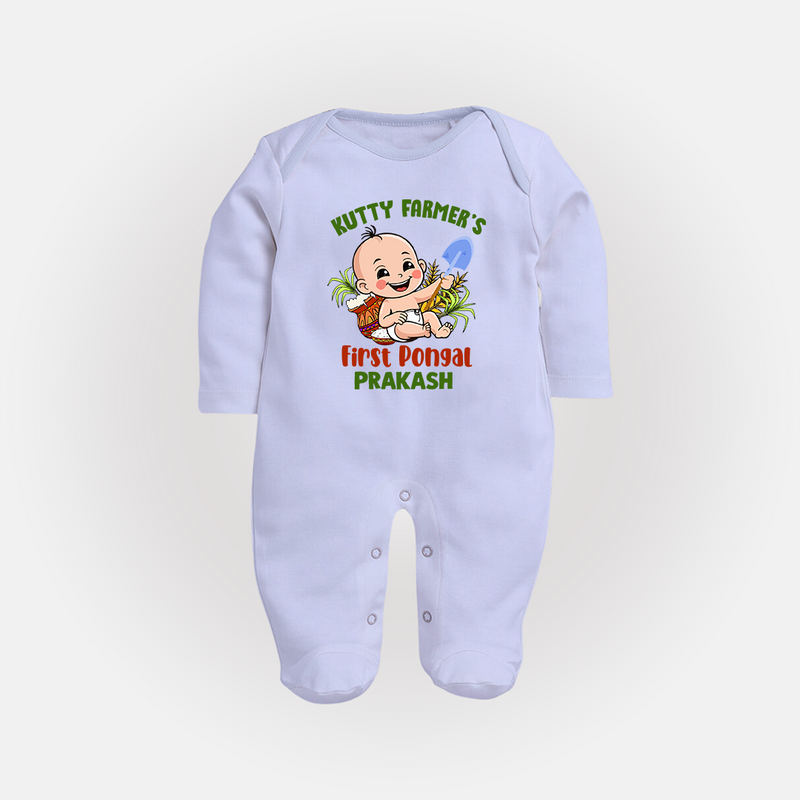 "Little Farmer's Delight - My First Pongal Sleep Suit For Babies With Name" - BABY BLUE - New Born (Chest 7.5")