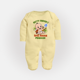 "Little Farmer's Delight - My First Pongal Sleep Suit For Babies With Name" - PASTEL YELLOW - New Born (Chest 7.5")