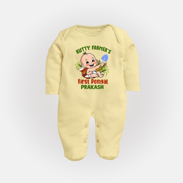 Kutty Farmer's First Pongal Personalized Kids Fullbody Suit - PASTEL YELLOW - New Born (Chest 7.5")