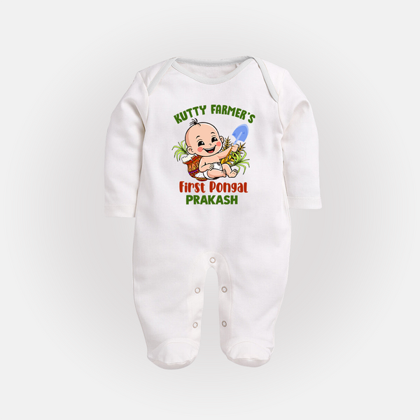 Kutty Farmer's First Pongal Personalized Kids Fullbody Suit - WHITE - New Born (Chest 7.5")