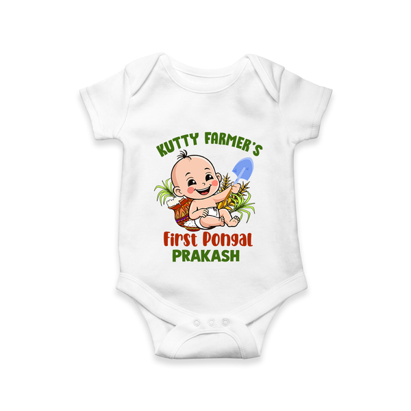 "Little Farmer's Delight - My First Pongal Romper For Babies With Name" - WHITE - 0-3 Months Old (Chest 16")