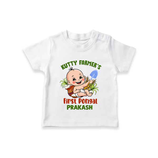 Kutty Farmer's First Pongal Personalized Kids T-Shirt - WHITE - 0-5 Months Old (Chest 17")