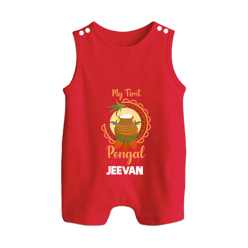 "Cultural Cutie - My First Pongal Romper Suit For Babies With Name" - RED - 0 - 5 Months Old (Chest 18")