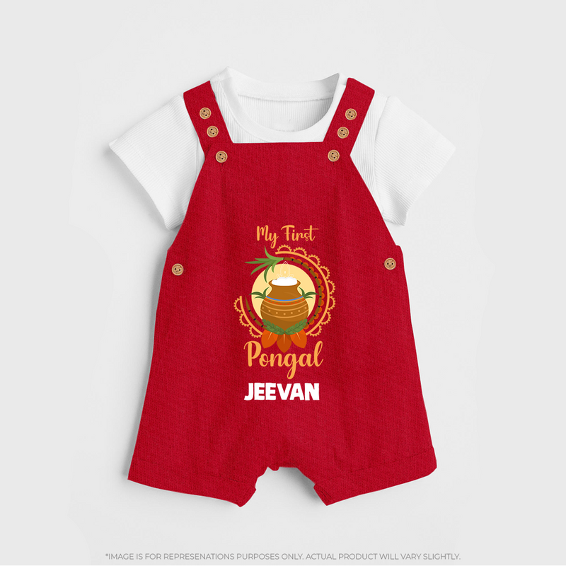 "Cultural Cutie - My First Pongal Dungaree Set For Kids With Name" - RED - 0 - 5 Months Old (Chest 18")