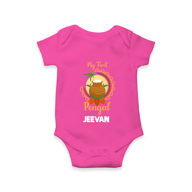 "Cultural Cutie - My First Pongal Romper For Babies With Name" - HOT PINK - 0-3 Months Old (Chest 16")