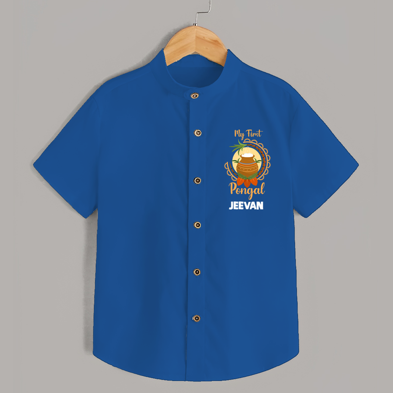 Cultural Cutie - My First Pongal Shirt for Boys With Name - COBALT BLUE - 0 - 6 Months Old (Chest 23")