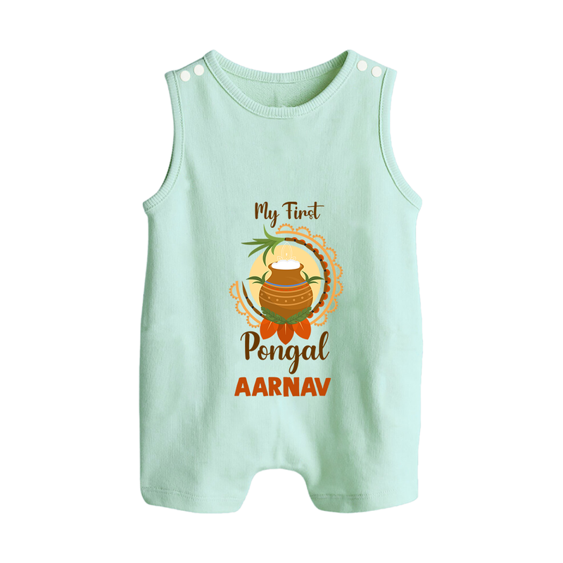 "Cultural Cutie - My First Pongal Romper Suit For Babies With Name" - MINT GREEN - 0 - 5 Months Old (Chest 18")