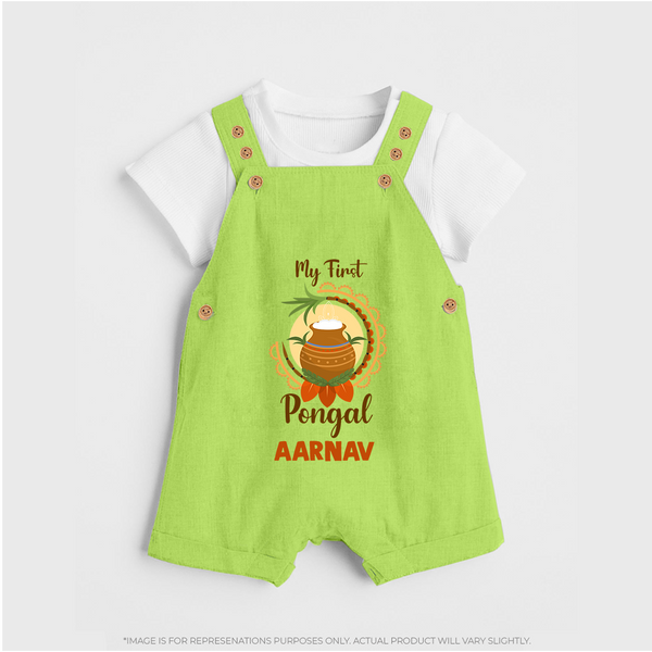 "Cultural Cutie - My First Pongal Dungaree Set For Kids With Name" - GREEN - 0 - 5 Months Old (Chest 18")